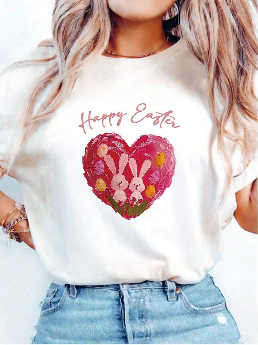 Nueva camiseta casual blanca de primavera/verano 2026, con un diseño de corazón y conejo pintado a mano, que evoca un ambiente festivo de Pascua, perfecta para mujeres que buscan blusas de manga corta informales, divertidas y elegantes. 2Q1V - Blanco - Ver 1