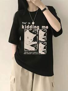 Y2K 1pc Women's Casual Loose Short Sleeve T-Shirt, Letter And Cat Print T-Shirt, Sweet Style Round Neck T-Shirt For Women, 95% And 5% - 黑色 - 查看 1