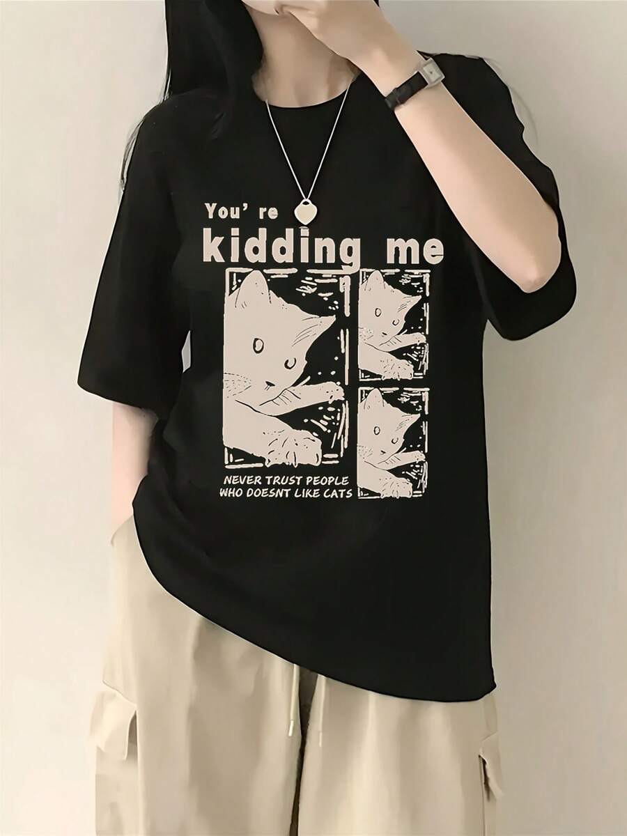 Y2K 1pc Women's Casual Loose Short Sleeve T-Shirt, Letter And Cat Print T-Shirt, Sweet Style Round Neck T-Shirt For Women, 95% And 5% - 黑色 - 查看 1