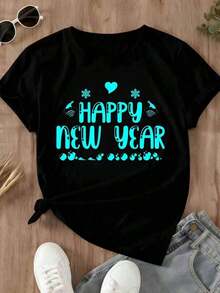 Suave, transpirable y ligera para comodidad durante todo el día. Camiseta de manga corta para mujer con estampado de copo de nieve y corazón para celebrar el Año Nuevo, ideal para eventos festivos. Cuello redondo clásico con un corte relajado que favorece todas las formas del cuerpo y es fácil de combinar con jeans, pantalones cortos y leggings. - Negro - Ver 3