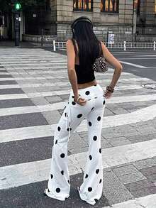 Pantalones acampanados de mujer con cordón lateral negro vintage Y2K, ropa de calle versátil - Blanco y Negro 2 - Ver 2