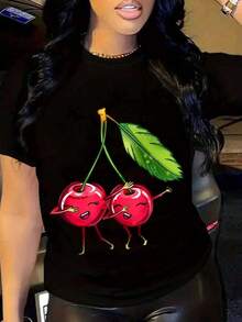 Women's Cherry Couple Print T-Shirt - Fun Fruit Design, Casual Summer Wear, Perfect For Daily Outings And Beach Atmospheres, It's The Best Gift For Friends, Low Elasticity Cotton Fabric (Sizes L-5XL). Suitable As A Gift. Women's T-Shirt. Blouses>Elegant. Boho Chic, Soft, Breathable And Comfortable Women's Top, Ideal For Spring, Summer And Autumn, Perfect For Vacations, Travel And Everyday Wear. - 黑色 - 查看 6