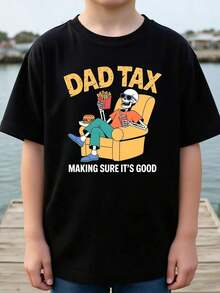 Boys' Short-Sleeved T-Shirt With A Soft Graphic Print, 100% Cotton, Featuring A Relaxed Skeleton Eating Fast Food. Casual Summer Wear For Toddlers, Fun Skeleton Print T-Shirt For Kids, Comfortable Everyday Shirt With A Humorous Print, Perfect For Playing And Going Out. - 黑色 - 查看 1