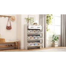 Schuhkommode mit drehbarem Schuhschrank, bestehend aus drei großen Klappen und zwei Schubladen, Holzschuhschrank, Schuhregal, Geeignet für Eingangsbereiche und Wohnzimmer - Weiß + Spanplatte - Übersicht 5