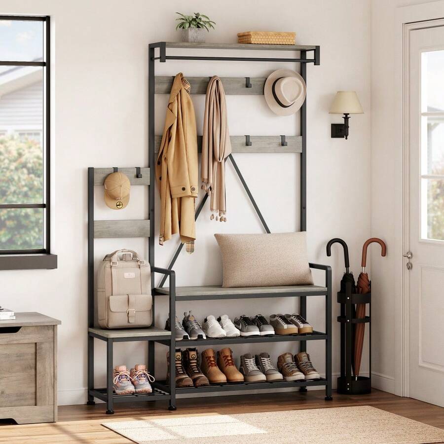 Rustic Industrial Hall Tree Coat Rack – Freestanding Entryway Organizer with Shoe Storage Bench, Hooks, Hanging Bar, Storage Cubbies, Top Shelf, Metal Frame for Hallway, Living Room - Gris - Ver 1