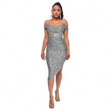 Women's Champagne-Colored Sequined Dress, Off-Shoulder Draped Design, Asymmetrical Side Slit, Stretchy Shiny Fabric Ideal For Summer Parties, Weddings As A Guest And Elegant Outdoor Dinners, Sexy Glamorous Style Perfect For Celebrations And Formal Events - 灰色 - 查看 5