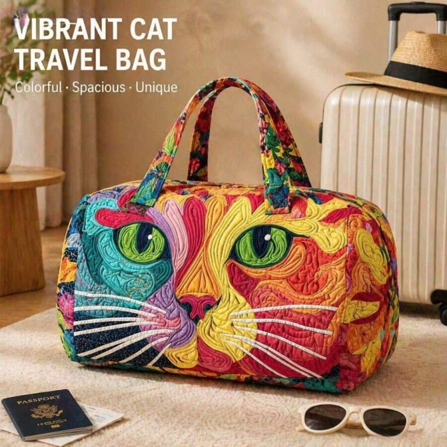 尖叫鸡/牦牛/猫动物与花卉印花绗缝旅行手提包,波西米亚风绗缝印花旅行手提包,轻便男女通用旅行手提包,大容量可折叠手提包,短途旅行手提包,多功能健身包,适合健身、短途旅行、度假,可收纳衣物和笔记本电脑,个性化印花设计,适合海滩、运动、通勤,实用礼品或自用单品 - 彩色 - 查看 1