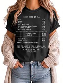 Women's Cotton Crew Neck Short Sleeve T-Shirt With "Jesus Paid It All" Print - Soft, Breathable, Casual, Unisex - Ideal For Summer, Religious Events, Casual College Style And Everyday Wear, And Versatile Urban Style. - 黑色 - 查看 2