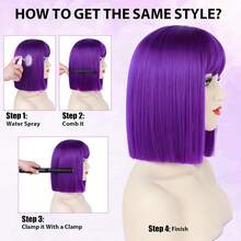 A Stylish Women's Purple Wig, Made Of High-Temperature Synthetic Straight Hair With Bangs. Wig Features A Smooth And Sleek Short Hair Style, Versatile And Fashionable, Suitable Various Shapes. It Is A Multi-Functional Wig Music Festivals, Carnivals, And Cosplay Parties - Màu tím - Xem 5