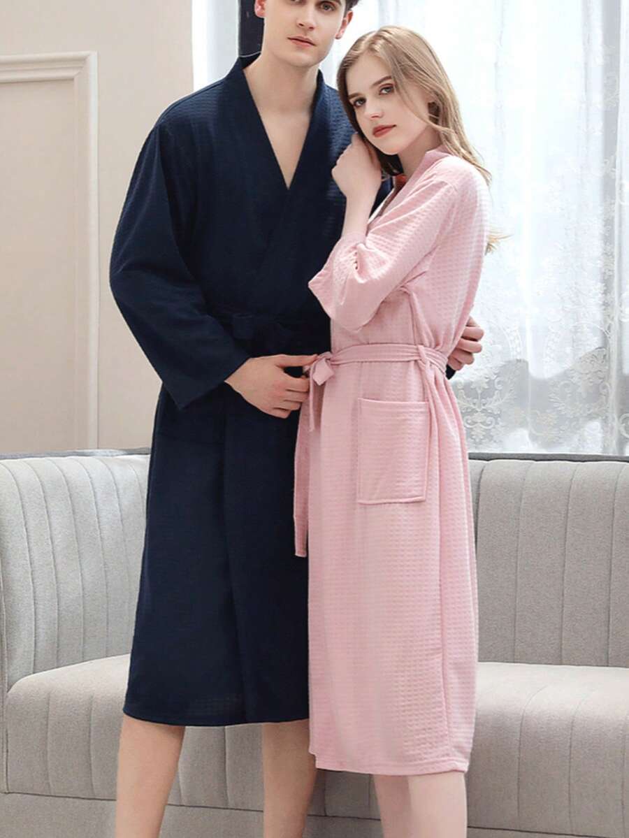 1件春夏华夫格浴袍,女士桑拿服,轻薄运动服,睡衣,男士吸水速干和服,男女通用成人浴袍,春夏浴袍,家居服,高吸水性,速干,宽松版型,浴室及家居必备,男女通用 - 彩色 - 查看 1