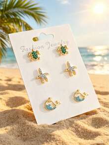 Juego de 6 piezas/Set de pendientes con estilo de vacaciones de playa de verano, con incrustaciones de vida marina y brillantes de strass de colores para mujeres - Amarillo Oro - Ver 3
