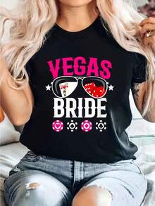 Vegas Wedding Bride - Married In Las Vegas - Bride Print T-Shirt, Casual Short Sleeve Crew Neck T-Shirt, Comfortable For Spring And Summer, Women's Clothing - 黑色 - 查看 1