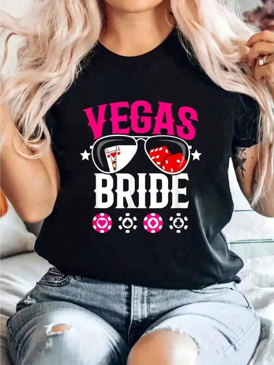Vegas Wedding Bride - Married In Las Vegas - Bride Print T-Shirt, Casual Short Sleeve Crew Neck T-Shirt, Comfortable For Spring And Summer, Women's Clothing - 黑色 - 查看 1