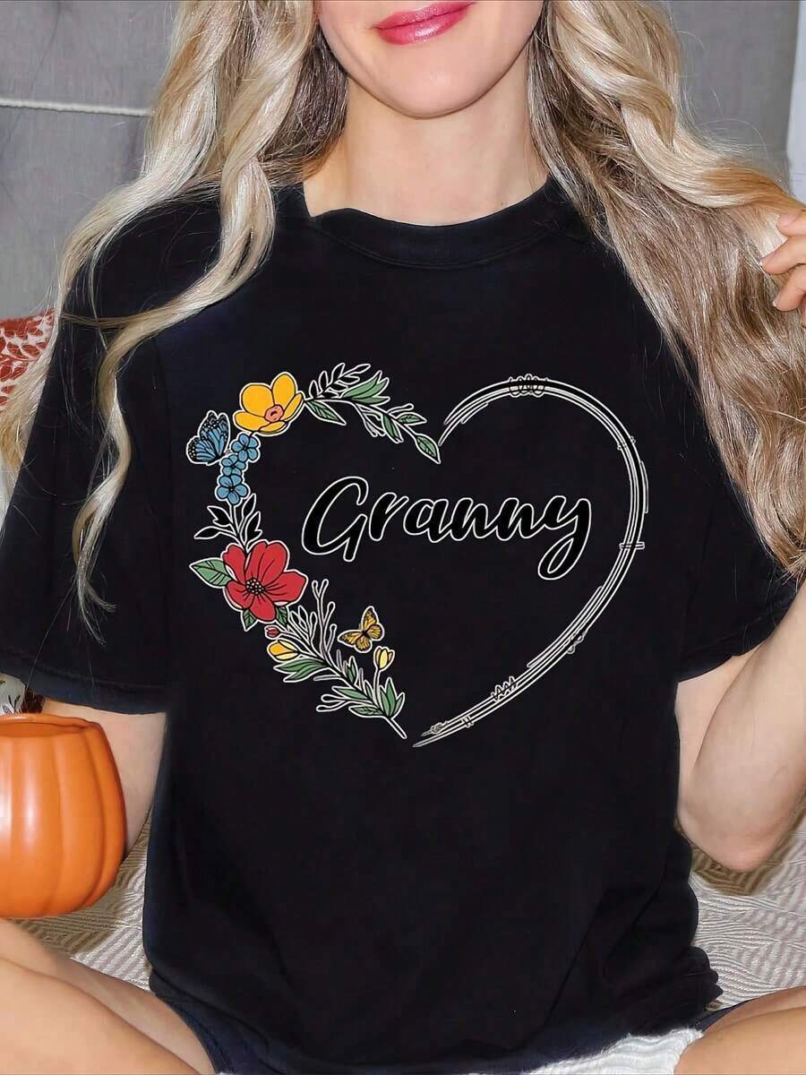 Women's T-Shirt With Floral Heart Design And Embroidered Flowers, With Butterflies, Round Neck, Short Sleeve, Soft, Comfortable, Simple And Fashionable, Summer Gift For Grandmother, Best Gift For Friends In Juneteenth, Graduation 2026. - Black - View 1