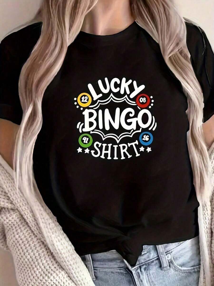 Unique And Fun Bingo T-Shirt With A "Lucky Bingo Shirt" Design, Ideal For Game Lovers. It's Perfect For Any Occasion. Dare To Wear It And Highlight Your Y1K Style With This Exclusive Piece. - 黑色 - 查看 1