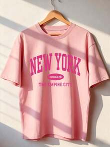 Women's Casual Loose Fit Letter Print T-Shirt, Versatile Everyday Casual Fashion. Printed T-Shirt, Vacation - 粉色 - 查看 7