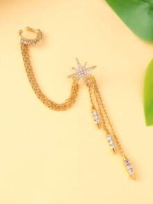 1pc Retro European & American Style Octagram Tassel Ear Cuff Earring, Sparkling Single Rhinestone Earring - Gold - View 5
