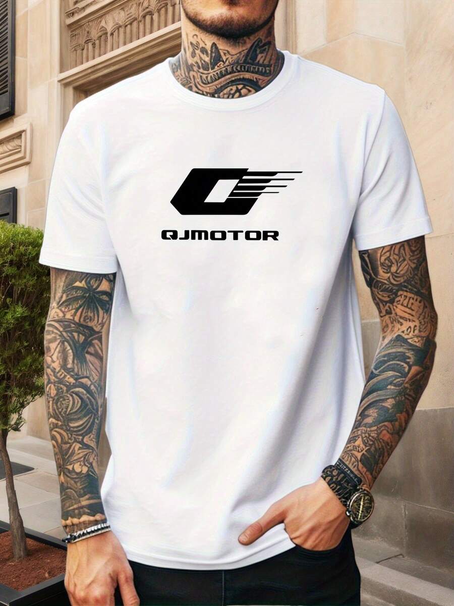 Men's Casual Summer Short Sleeve Crew Neck T-Shirt With QJmotor Logo - [白色的] - 查看 1