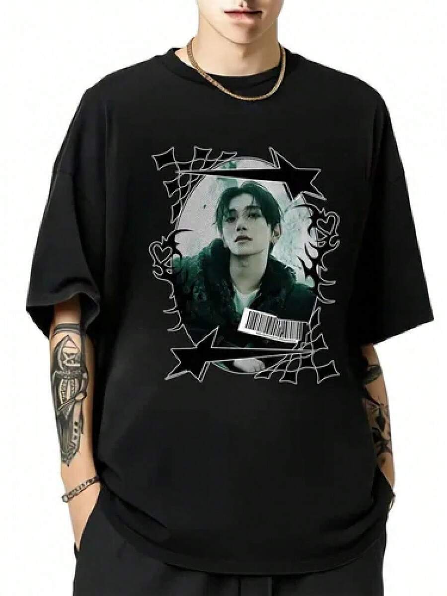 Fashionable Printed Short-Sleeved T-Shirt, Comfortable, Soft To The Touch, And Breathable, With A Simple Round Neck, Versatile For Everyday Wear, Casual Style. Women's Shirts, Women's Sweatshirts, Women's Sweater, Casual Blouse, Summer Dresses, Prom Dresses - 黑色 - 查看 1