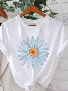 Women's Casual Daisy Print T-Shirt | Summer Short-Sleeved T-Shirt, Round Neck, Lightweight And Breathable, Bright Blue And White Design, A Must-Have For Spring And Summer, Floral Print Shirt, Wrinkle-Resistant Cotton T-Shirt, Urban Vintage Style, Unisex Short-Sleeved Round Neck Cotton T-Shirt. - 白色 - 查看 1