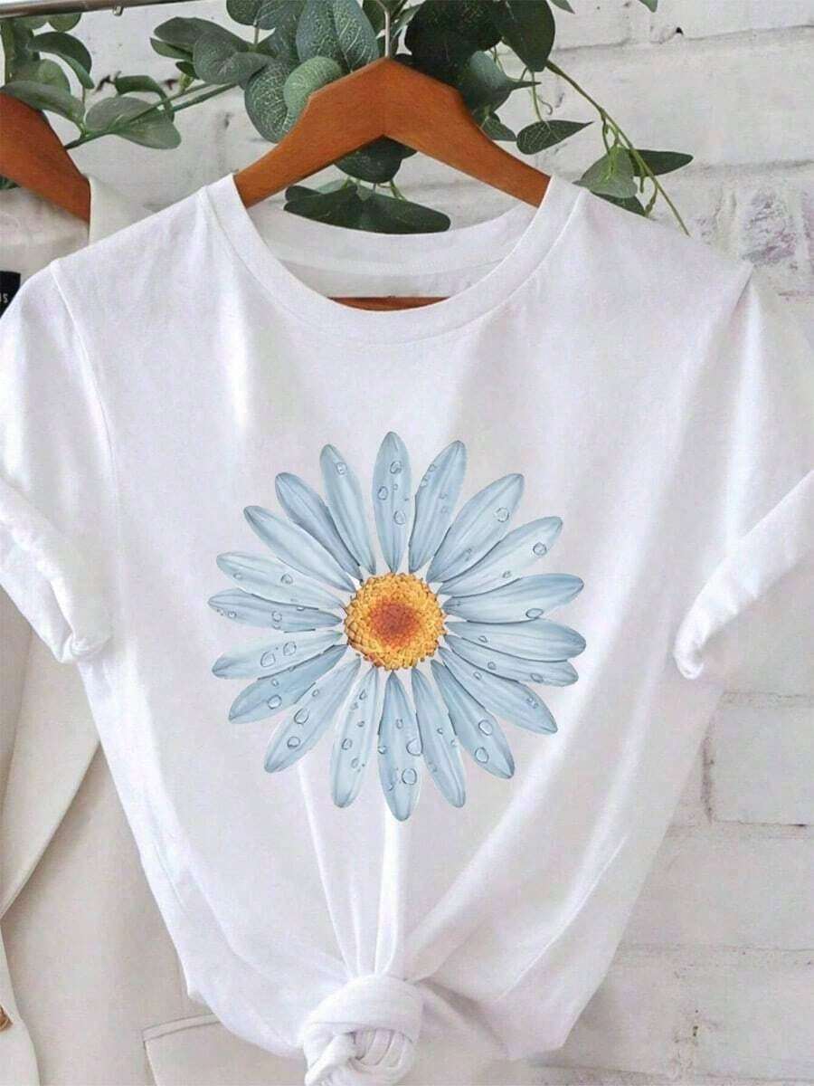 Women's Casual Daisy Print T-Shirt | Summer Short-Sleeved T-Shirt, Round Neck, Lightweight And Breathable, Bright Blue And White Design, A Must-Have For Spring And Summer, Floral Print Shirt, Wrinkle-Resistant Cotton T-Shirt, Urban Vintage Style, Unisex Short-Sleeved Round Neck Cotton T-Shirt. - 白色 - 查看 1