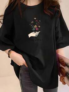 Under The RadarsoftsoftPlus Size, 2X595 Women's Plus Size T-Shirt, Breathable And Comfortable, With Floral Print 'I'm Growing Today', Premium Look, Soft, Casual, For Everyday Wear, Loose Fit, Fashionable T-Shirt For Curvy Figures, Elegant, Plus Size, 100% Cotton, Coolcool-Vintage Street Style Unisex Loose Cotton Short Sleeve Crew Neck T-Shirt - 黑色 - 查看 7