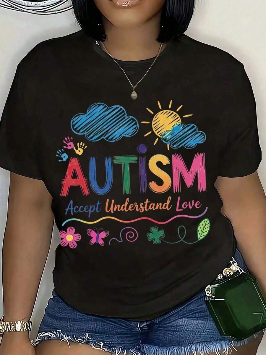 Women's Cotton T-Shirts, Autism Awareness T-Shirt, Colorful Accept, Understand And Love Design For Autism Support And Promotion, Perfect For Autism Awareness Month And Special Needs Events, Women's Basic Blouses. - 黑色 - 查看 1