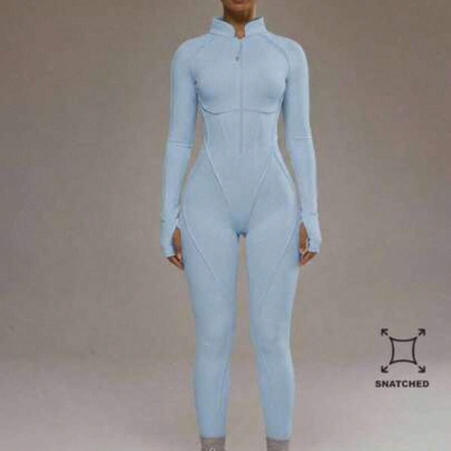 Sport Contrast Piping Zip Through Open Back Fitted Long Sleeve Jumpsuit Padel Activewear Sport Gym Workout Yoga Pilates Fitness Daily Casual - Azul - Ver 1