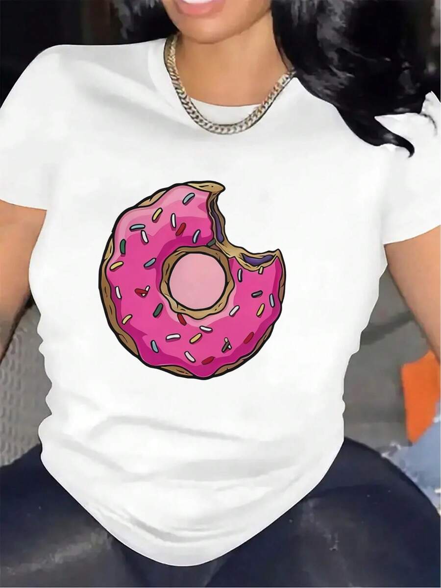 Lightweight And Durable Short-Sleeved T-Shirt With A Pink Donut Design, Suitable For Home Or Casual Outings To Restaurants, Offering A Comfortable Everyday Wearing Experience. - 白色 - 查看 1