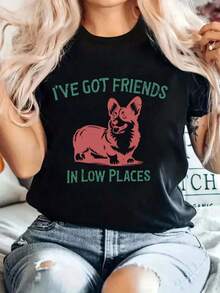 Funny Corgi Dog Graphic Print T-Shirt, Simple And Versatile Design, Short Sleeve, Round Neck, Casual Top For Summer And Spring, Women's Clothing, Cotton T-Shirt - 黑色 - 查看 7