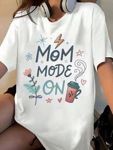 Women's "Mom Mode On" T-Shirt, Funny Gift For Mom, Mother's Day T-Shirt With Coffee And Flowers Design, Perfect For Casual Wear And Daily Activities [Suitable For Leisure And Sports Occasions] - 白色 - 查看 7
