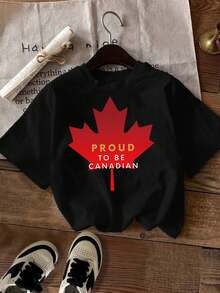 Women's Casual T-Shirt. Maple Leaf Design "Proud Of Canada" T-Shirt - Women's Casual Crew Neck T-Shirt, Machine Washable, Pink, Suitable For Canada Day And VE Day Celebrations, Patriotic Event Wear. | Vibrant Patriotic Design | Medium Stretch Fabric, Canadian T-Shirt. A Must-Have For Everyday Casual Wear. - 黑色 - 查看 1