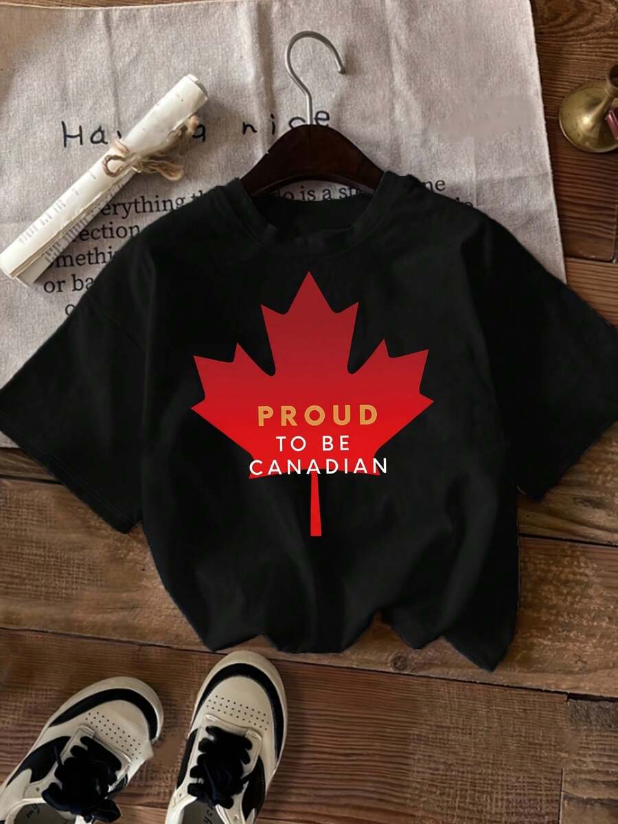 Women's Casual T-Shirt. Maple Leaf Design "Proud Of Canada" T-Shirt - Women's Casual Crew Neck T-Shirt, Machine Washable, Pink, Suitable For Canada Day And VE Day Celebrations, Patriotic Event Wear. | Vibrant Patriotic Design | Medium Stretch Fabric, Canadian T-Shirt. A Must-Have For Everyday Casual Wear. - 黑色 - 查看 1