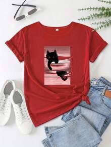 Women's Cotton Crew Neck Casual T-Shirt - A Plus-Size Casual T-Shirt With A Crew Neck And A Print Of A Trapped Black Cat - Short-Sleeved Polyester Knit Top For Women, Suitable For All Seasons, With Medium Stretch. Simple T-Shirt For Everyday Wear. - 紅色 - 查看 1