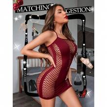 Womens Lingerie Fishnet Dress Mesh Badydoll Fishnet Bodysuit See Through Chemise - Dark Red - 查看 3