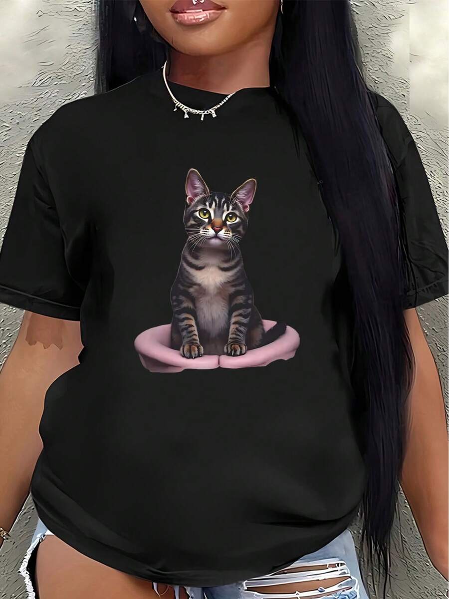 Camiseta de manga corta con estampado de gato, ligera y duradera, con diseño de cuello redondo, tela suave y cómoda de elasticidad media, diseño en blanco y negro, adecuada para el hogar, la cocina o el uso casual diario, estilo maduro, apta para todas las estaciones. - Negro - Ver 1