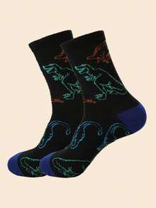 1/3/6 Pairs Random Men's Dinosaur Contrast Color Pattern Comfortable Versatile Mid-Calf Socks, Suitable For Outfits - Multicolor - View 7