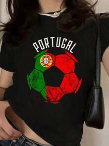 100% Cotton. Round Neck T-Shirt With Portuguese Print, Machine Washable, Regular Fit For All Seasons, Simple And Elegant. Women's Simple Solid Color T-Shirt, Loose And Slim Fit Casual Short Sleeve - 黑色 - 查看 7