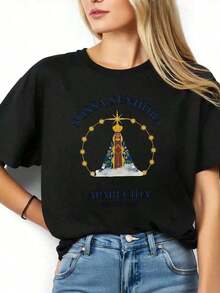 100% Cotton, 1 Piece, Our Lady Of Aparecida Prayer Religious T-Shirt For Women And Men, Catholic Devotion Gift, Wearable Artistic Design, 100% Cotton Women's Simple Solid Color T-Shirt, Loose And Slim Fit Casual Short Sleeve - 黑色 - 查看 2