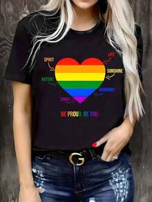 Plus Size, Women's Casual Printed T-Shirt, Round Neck, Short Sleeve, Slightly Stretchy Fabric, Regular Fit, Comfortable Top For All Seasons, Women's Clothing - 黑色 - 查看 1