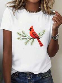 Giftropa Women's 1 Piece Winter Camisole For Women, Soft Fabric With Red Cardinal On A Snowy Pine Branch Design - Soft Short Sleeve Casual Camisole With Cardinal Bird And Snowflake Design, Relaxed Fit For All Seasons Comfort, Winter Theme In Vibrant Red And Gray For Daily And Holiday Outfits, 100% Cotton - 白色的 - 查看 1