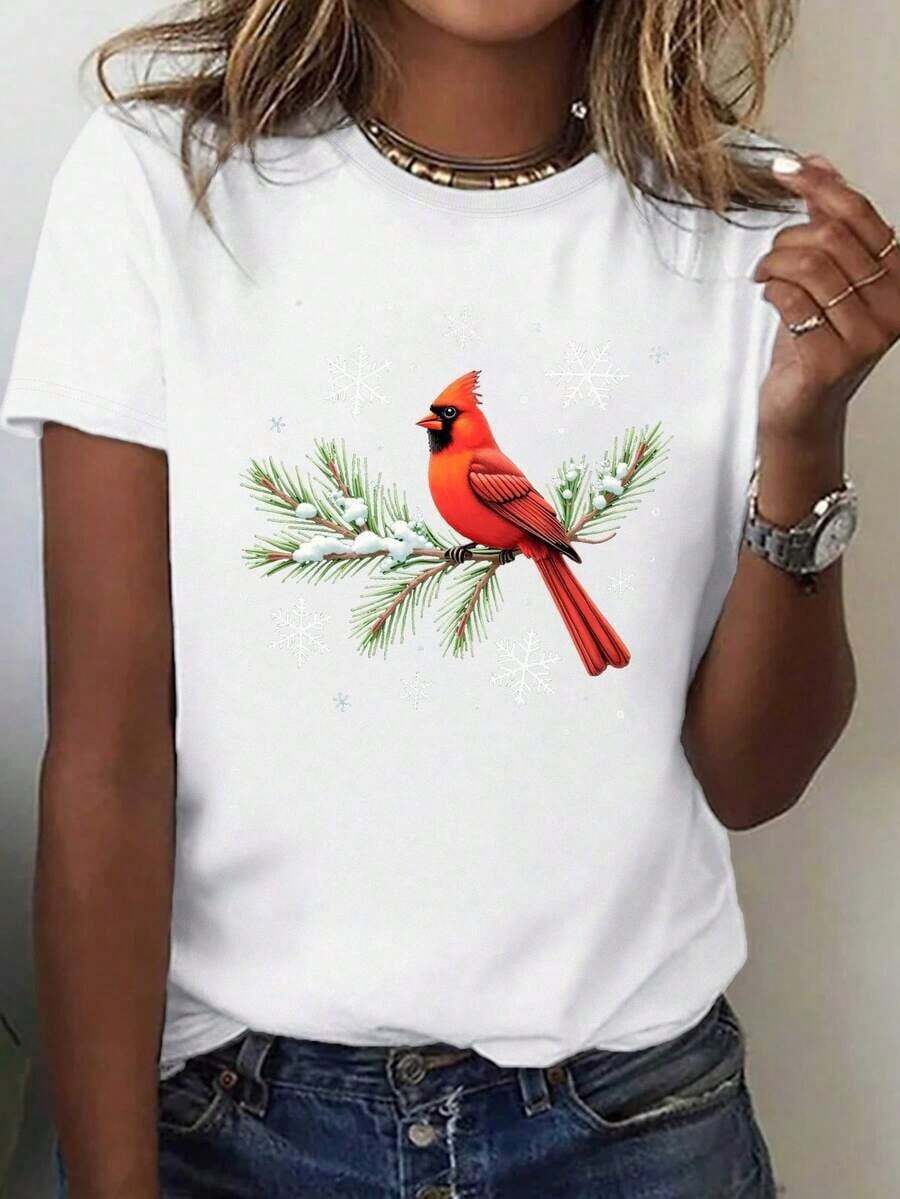 Giftropa Women's 1 Piece Winter Camisole For Women, Soft Fabric With Red Cardinal On A Snowy Pine Branch Design - Soft Short Sleeve Casual Camisole With Cardinal Bird And Snowflake Design, Relaxed Fit For All Seasons Comfort, Winter Theme In Vibrant Red And Gray For Daily And Holiday Outfits, 100% Cotton - 白色的 - 查看 1