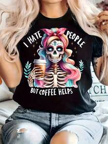 Women's Modern, Casual T-Shirt, Perfect For Parties And Lounging At Home. Made From 100% Cotton, It Features A Relaxed Fit. Available In Plus Sizes, This Casual Women's T-Shirt Has A Printed Design, A Round Neck, Short Sleeves, And A Slightly Stretchy Fabric. It's A Comfortable Top Suitable For All Seasons. - 黑色 - 查看 7