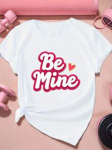 SuaveWomen's Plus Size T-Shirt With Fun 'Be Mine' Writing - Cute T-Shirt With 'Be Mine' In Cursive, Short Sleeves, Round Neck - Casual And Valentine's Day Outfit, Machine Washable, Comfortable Casual Wear, New Arrival - 白色 - 查看 1