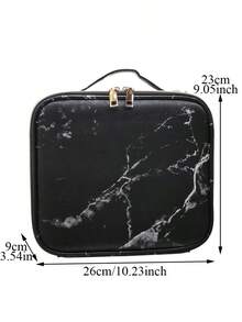 1pc Marble Pattern PU Cosmetic Storage Bag, Waterproof Travel Makeup Bag, Professional Portable Makeup Box, Embroidered Tool Organizer Box - Black - View 7