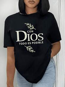Camiseta de Verano para Mujer con Estampado de Letras Simples - Estilo Vintage Urbano, Unisex, de Algodón, Manga Corta, Cuello Redondo - Negro - Ver 6