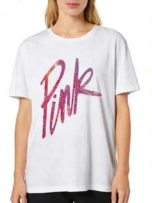 Women's Casual T-Shirt, Bright Pink With Graphic Design, Short Sleeve, Comfortable For Casual And Elegant Outfits, Lightweight And Breathable, Machine Washable, Regular Fit, Round Neck - 白色 - 查看 2