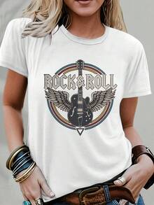Camiseta de Verano Premium Estampada para Mujer, Ideal para Festivales de Música, Estampado de Guitarra, Rock, Moda Musical, Camiseta de Cuello Redondo para Mujer, Diseño Sencillo, Cómoda y Transpirable, Adecuada para Uso Casual Diario, Realza la Elegancia Natural, Imprescindible para Fiestas de Verano. - Blanco - Ver 1
