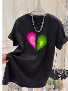Women's Clothing, Fashionable T-Shirts With Hand-Painted Love Print, Summer Round Neck Short Sleeve T-Shirts, Pure Basic Tops For Office, Graphic Style Y2K Suitable As A Gift. Women's T-Shirt. Blouses>Elegant. Boho Chic, Soft, Breathable And Comfortable Women's Top, Ideal For Spring, Summer And Autumn, Perfect For Vacation, Travel And Everyday Wear. - 黑色 - 查看 7