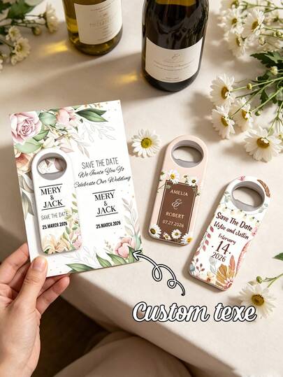 Ouvre-bouteille de mariage personnalisé avec carte. Peut personnaliser les noms et la date des nouveaux mariés. Ouvre-bouteille souvenir de mariage à fleurs aquarelle, aimant pour réfrigérateur. Ouvre-bouteille de faveur de mariage personnalisé, ouvre-bouteille commémoratif de mariage magnétique, décoration, cadeau souvenir pour les nouveaux mariés.